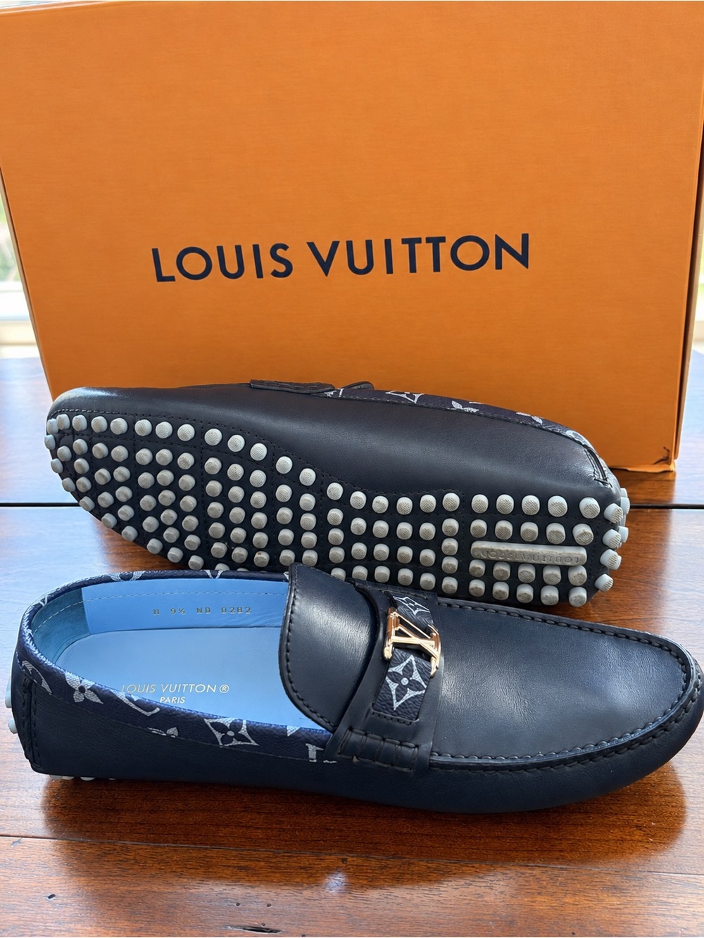 Louis Vuitton Navy Leather & Monogram Driving Loafers with Gold LV Accent